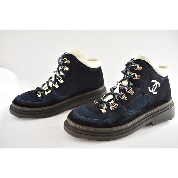 Chanel 23C Blue Black CC Combat Lace Up Tie Ankle Short Hiking Ski Snow Boots 42 - Picture 12 of 16